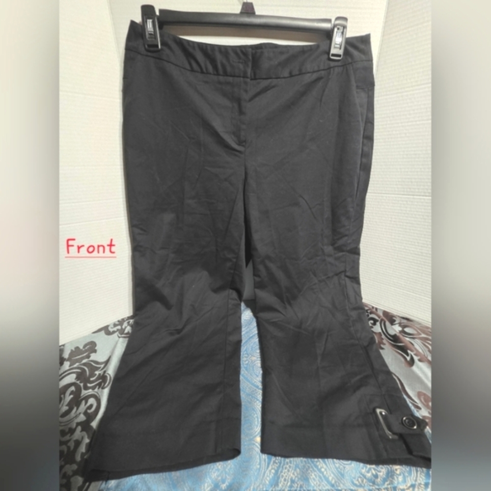 Rafaella Capri Pant Size 12, Black with adjustable buckle at hem.